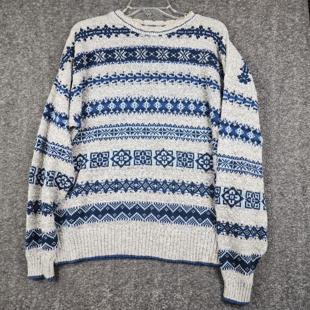 Lizwear Fair Isle Sweater Womens Large Blue Cream Vintage Made‎ in USA Knit Crew